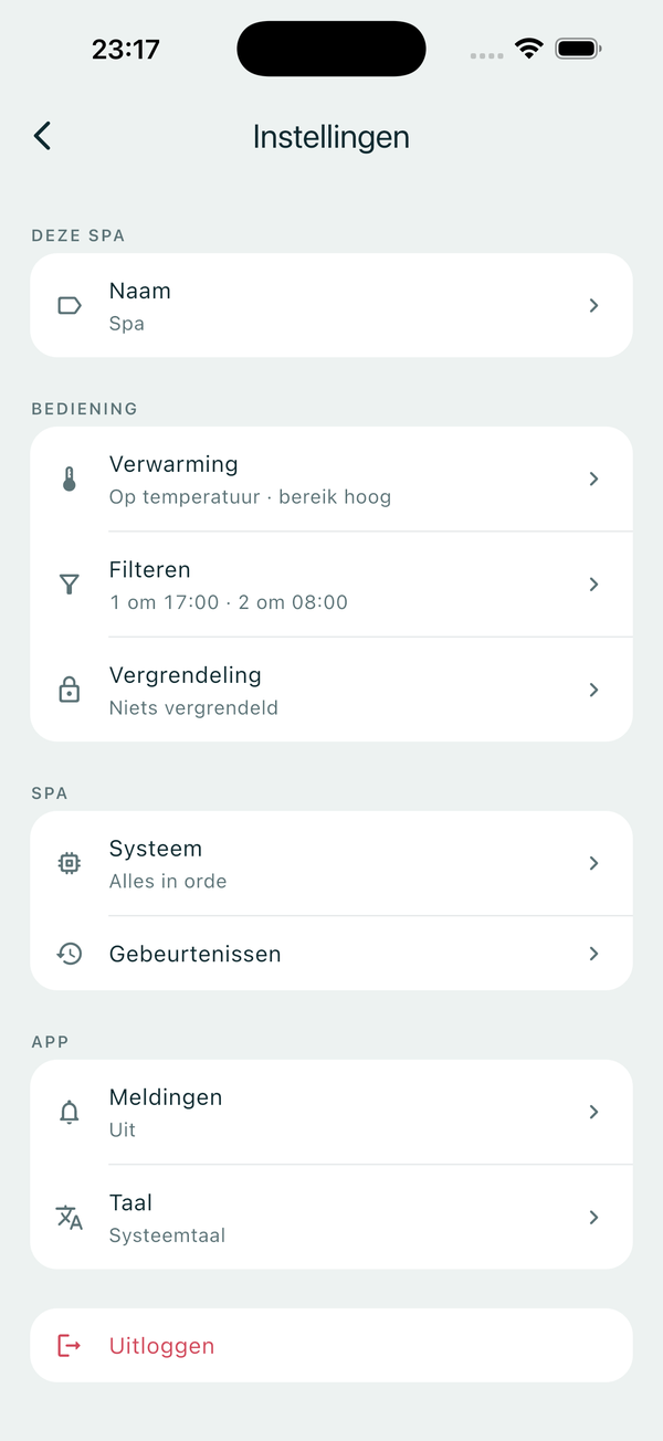 Instellingen met de huidige waarden